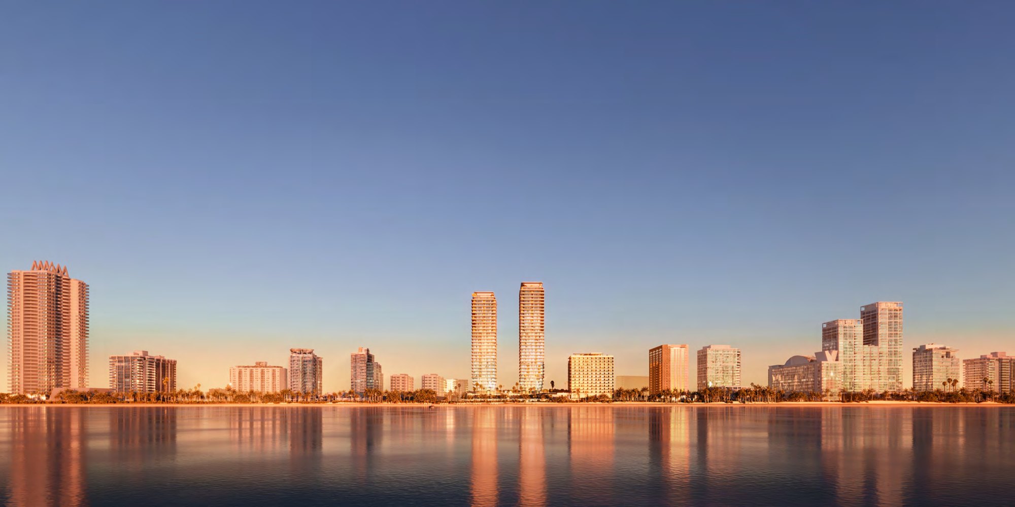 The redeveloped hotel and residential towers in the Miami Beach oceanfront skyline. Rendering courtesy of Terra.