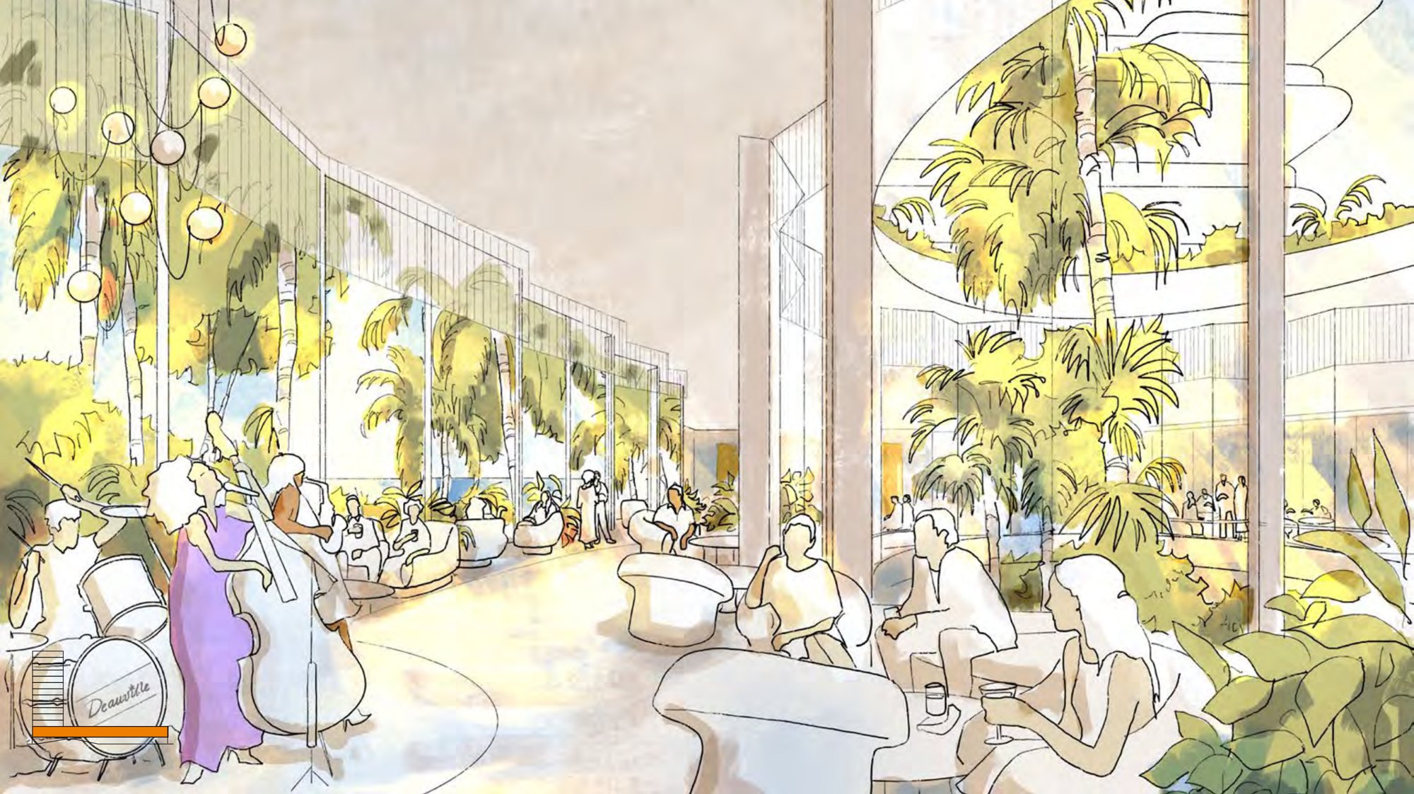 The resort's landscaped interior gathering spaces. Rendering courtesy of Terra.