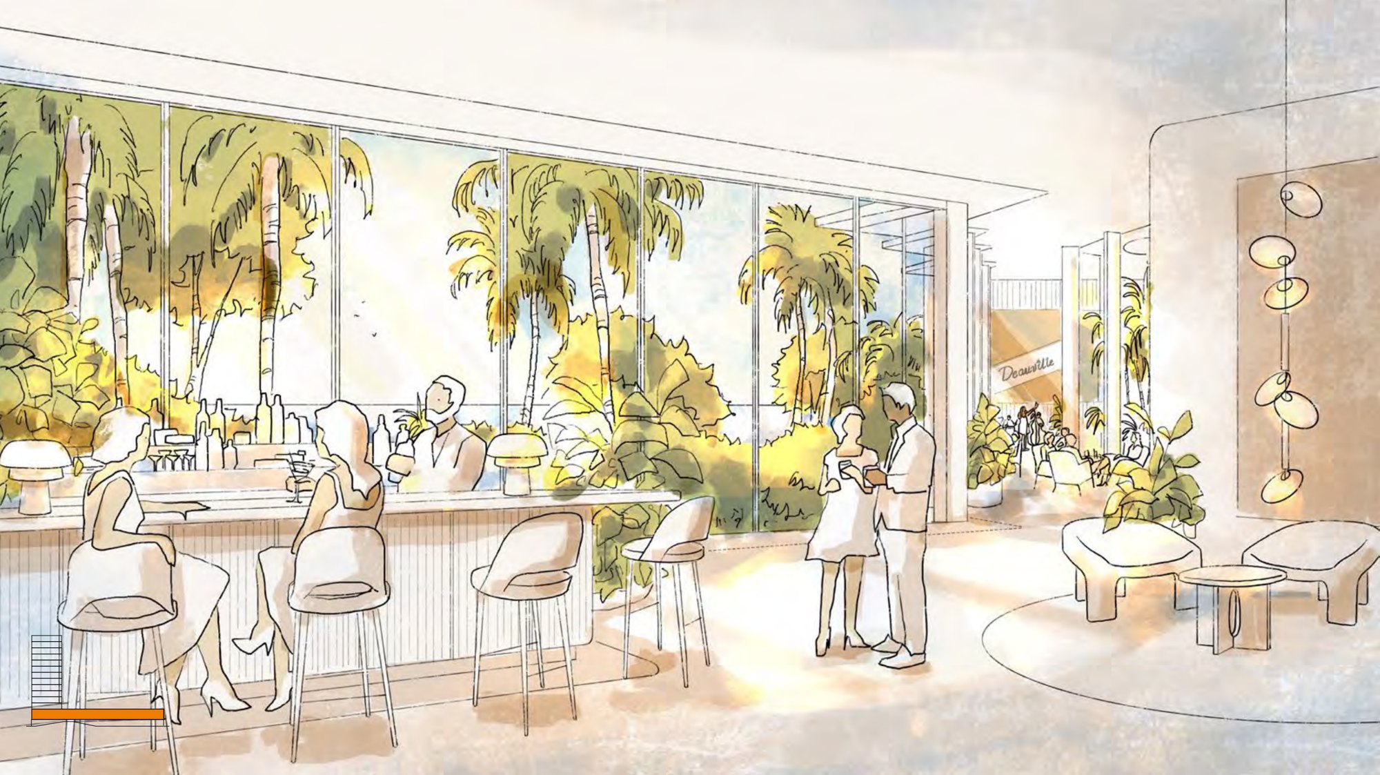 The hotel's indoor-outdoor lounge and dining experience. Rendering courtesy of Terra.